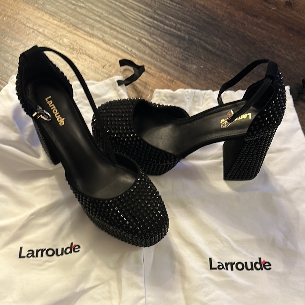 Larroude Black Platform Heels with Black Crystals 8.5